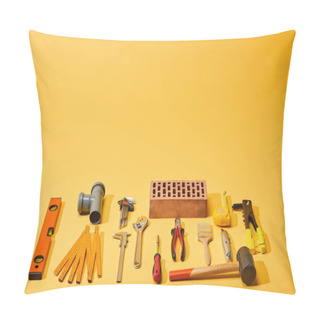 Personality  Flat Lay With Industrial Tools And Brick On Yellow Background Pillow Covers