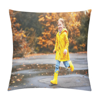 Personality  Happy Child Girl With An Umbrella And Rubber Boots In Puddle  On Pillow Covers