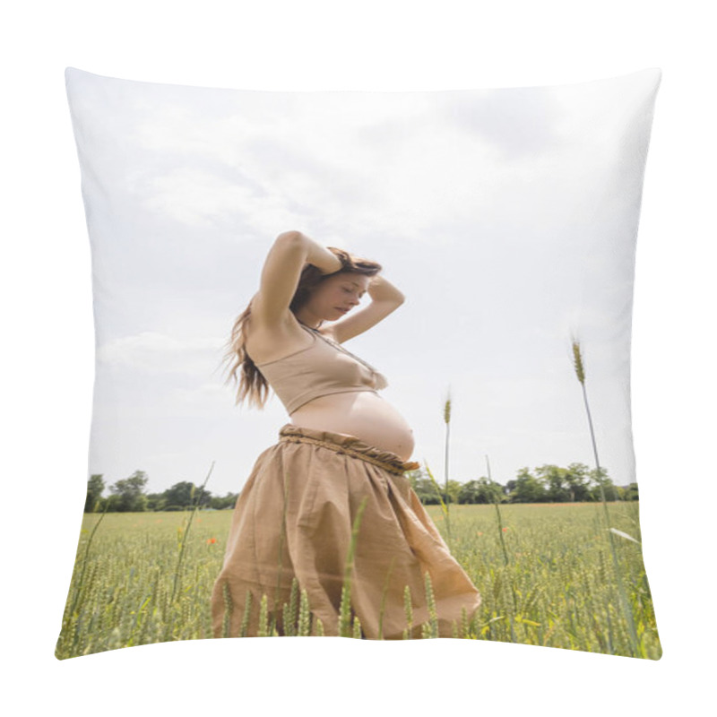 Personality  Low angle view of pregnant woman standing in summer field  pillow covers