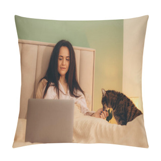 Personality  Young Woman Using Laptop To Work, Lying On The Bed With A Pet Cat In The Bedroom, At Home. Flexible Hours And Remote Work. High Quality Photo Pillow Covers