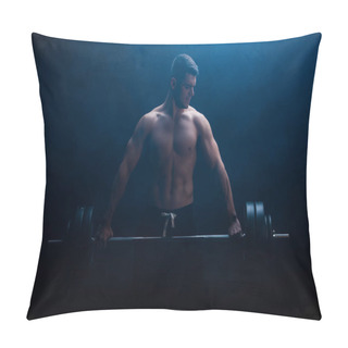 Personality  Sexy Muscular Bodybuilder With Bare Torso Excising With Barbell On Black Background With Smoke  Pillow Covers