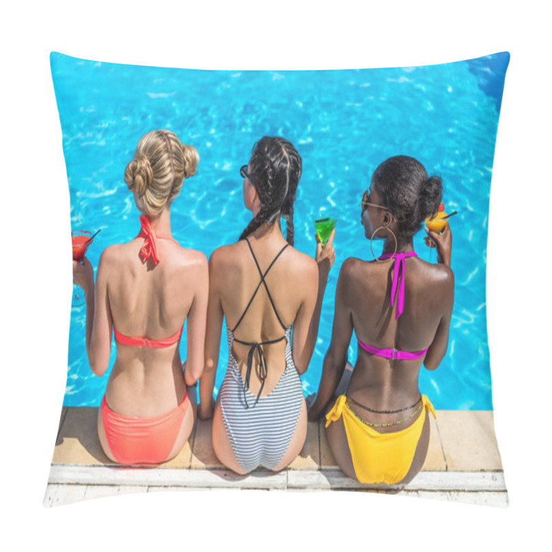 Personality  multiethnic women near swimming pool pillow covers