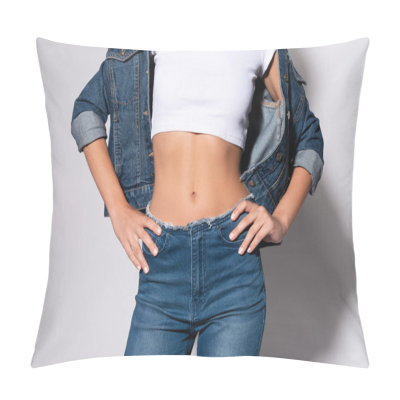 Personality  Cropped View Of Woman In Jeans Standing With Hands On Hips On White  Pillow Covers