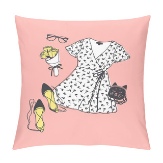 Personality  Hand Drawn Fashion Illustration Summer Outfit. Season Look On Orange Vector Background. Artistic Doddle Drawing Actual Wear. Creative Ink Art Work Pillow Covers