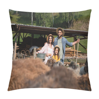 Personality  Family In Straw Hats Smiling Near Corral And Livestock On Blurred Foreground Pillow Covers