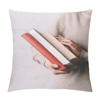 Personality  Close-up Partial View Of Young Woman Holding Books Pillow Covers