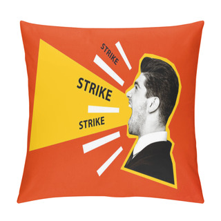 Personality  3D Photo Collage Composite Trend Artwork Sketch Image Of Black White Strong Angry Man Loud Voice Strike Social Voice Democracy Choice. Pillow Covers