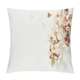 Personality  Top View Of Tree Branch With Blooming Spring Flowers And White Petals On White Background Pillow Covers