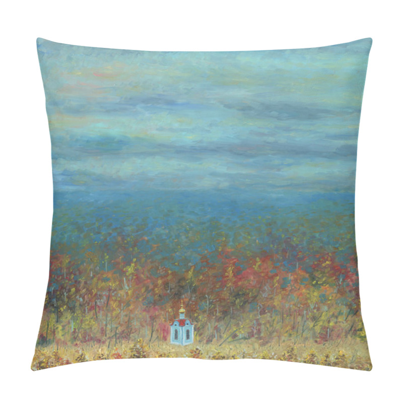 Personality  Autumn forest leaving into the distance. On the edge of the forest is a small church. View from above. Cloudy sky. In the foreground there is a small meadow. Light haze. Oil painting on wood. pillow covers