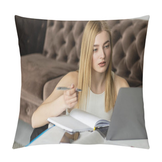 Personality  Pretty Woman Looking At Laptop Near Blurred Notebooks During E-learning At Home  Pillow Covers