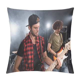 Personality  KYIV, UKRAINE - AUGUST 25, 2020: Musicians Playing Electric Guitars With Backlit On Blurred Background Pillow Covers