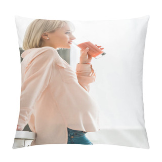 Personality  Attractive Blonde Pregnant Girl Drinking Smoothie In Kitchen  Pillow Covers