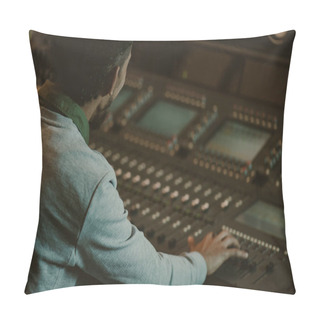Personality  Close-up Shot Of Sound Producer Working With Analog Equalizer Pillow Covers