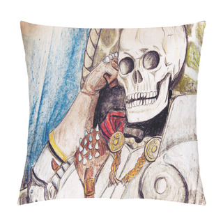 Personality  Portrayal Of The Skeleton Of A Knight In Armor Seated With With The Skull Resting On The Wrist, In Comics Style. Colored Pencils Drawing. Pillow Covers