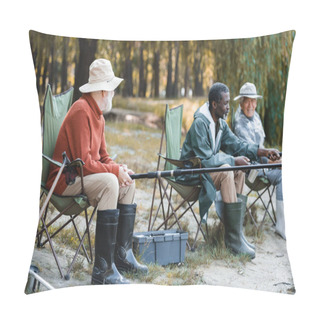 Personality  Senior Man With Fishing Rod Sitting Near Toolbox And Interracial Friends Outdoors  Pillow Covers