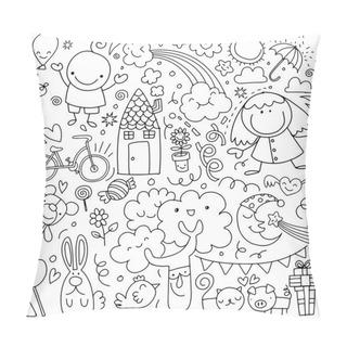 Personality  Collection Of Cute Children's Drawings Of Kids, Animals, Nature, Objects.Vector Illustration Pillow Covers
