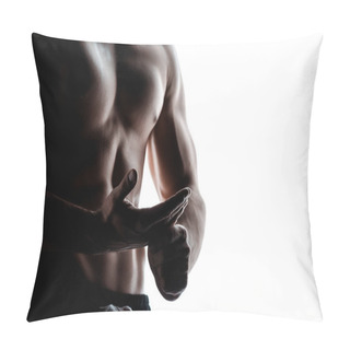 Personality  Partial View Of Sexy Muscular Bodybuilder With Bare Torso Posing In Shadow Isolated On White Pillow Covers