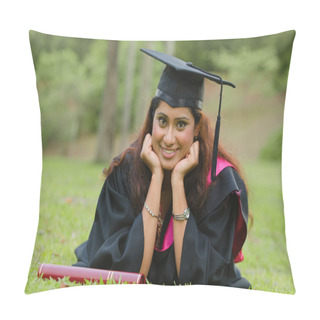 Personality  Indian Female Graduate With Green Background Pillow Covers