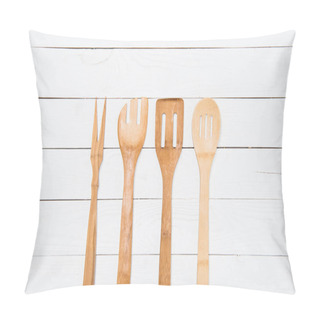 Personality  Top View Of Various Wooden Spatulas On White Tabletop Pillow Covers