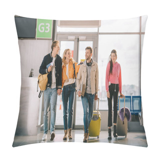Personality  Smiling Young Friends With Documents And Luggage In Airport Terminal  Pillow Covers