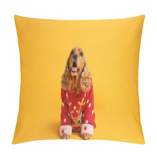 Personality  Adorable Cocker Spaniel In Christmas Sweater On Yellow Background Pillow Covers