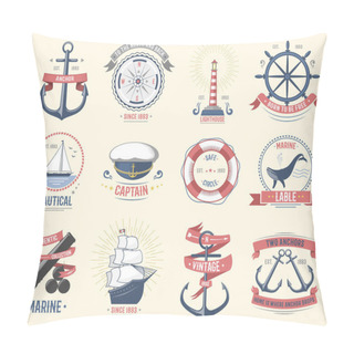 Personality  Fashion Nautical Logo Sailing Themed Label Or Icon With Ship Sign Anchor Rope Steering Wheel And Ribbons Travel Element Graphic Badges Vector Illustration. Pillow Covers