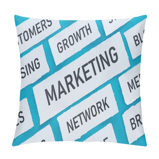 Personality  Top View Of Components Of Marketing On Pieces Of Paper Isolated On Blue Pillow Covers