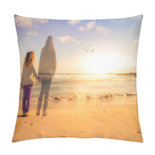 Personality  Absence. A Girl Holds The Hand Of The Spirit Of Her Deceased Mother. The Two Are Watching The Sunset. Pillow Covers