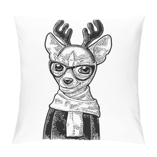 Personality  Dog Deer With Glasses, Scarf, Horns, Coat. Vintage Black Engraving Pillow Covers