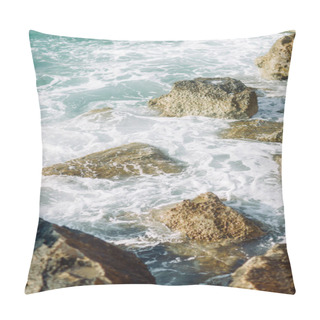 Personality  Sea In Cyprus At Sunset. Beautiful Spray And Blue Water. Pillow Covers