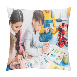 Personality  Schoolchildren Making Red Robot With Details And Electric Kit At Desk In Stem Education Class Pillow Covers