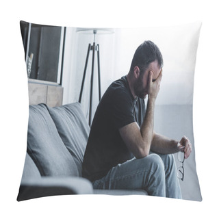 Personality  Depressed Man Holding Glasses While Sitting On Sofa And Covering Face With Hand Pillow Covers