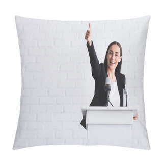 Personality  Happy, Attractive Lecturer Showing Thumb Up While Standing On Podium Tribune Pillow Covers