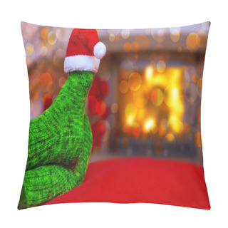 Personality  Feet In Woollen Blue Socks And Santa Hat . Pillow Covers