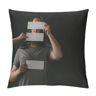 Personality  Front View Of Plus Size Girl Covering Face Under Empty Cards With Copy Space On Black Background Pillow Covers