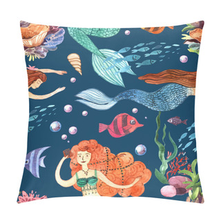 Personality  Watercolor Hand Drawn Illustration Mermaid And Fish. Seamless Pattern. Pillow Covers