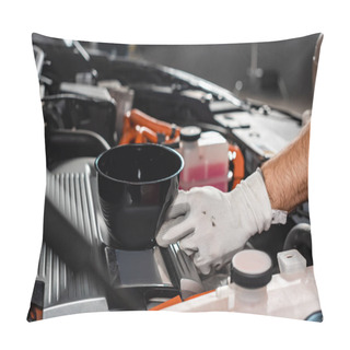 Personality  Cropped View Of Mechanic Holding Oil Funnel Near Car Engine Pillow Covers