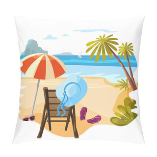 Personality  On The Beach, Under An Umbrella, There Is A Bamboo Chaise Longue, And A Woman's Wide-brimmed Blue Hat Is On It. Rest On The Beach. Vector Illustration In The Cartoon Style For A Card, Poster, Postcard Pillow Covers