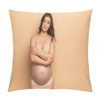 Personality  Pregnant Brunette Woman In Lingerie Standing With Crossed Arms While Looking At Camera  On Beige Pillow Covers