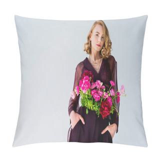 Personality  Beautiful Young Woman With Tender Pink Flowers Standing With Hands In Pockets And Looking At Camera Isolated On Grey Pillow Covers