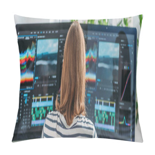 Personality  Panoramic Shot Of Editor Working Near Computer Monitors  Pillow Covers