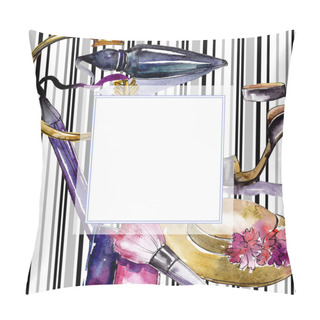 Personality  Cosmetics Sketch Fashion Glamour Illustration. Clothes Accessories Set Trendy Outfit. Watercolor Background Illustration Set. Watercolour Drawing Fashion Aquarelle. Frame Border Ornament Square. Pillow Covers