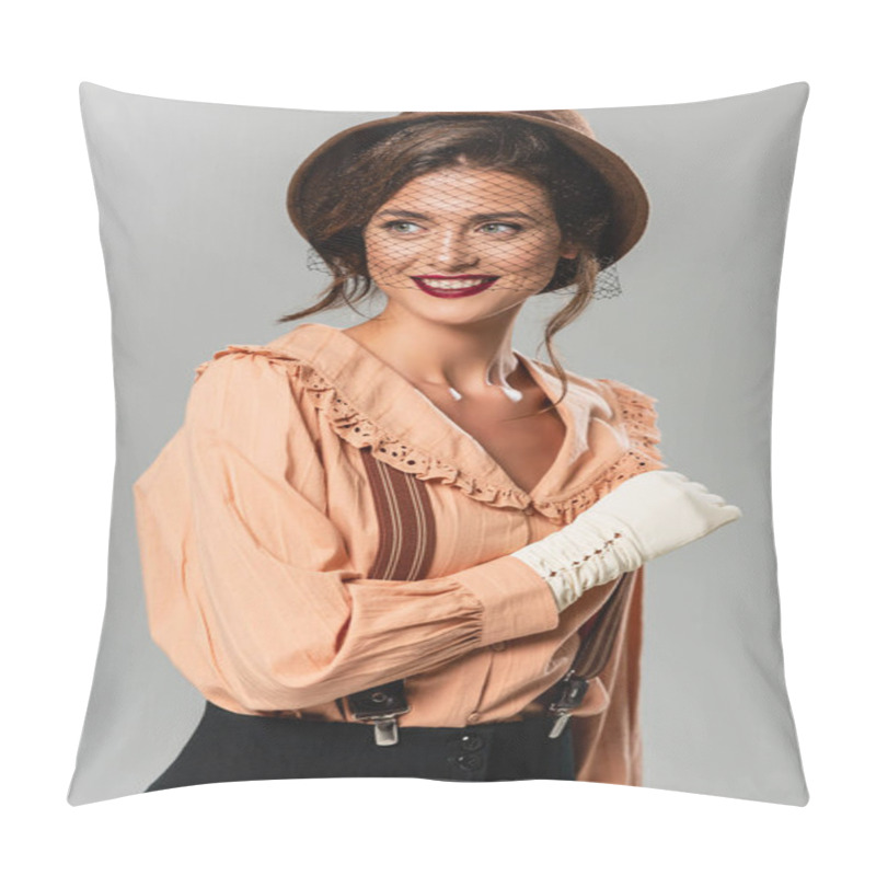 Personality  happy woman in hat and retro blouse looking away isolated on grey pillow covers