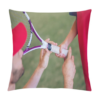 Personality  Coach In A Red Cap And A Boy With A Tennis Racket Pillow Covers
