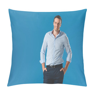 Personality  Handsome Man Standing With Hands In Pockets And Smiling At Camera Isolated On Blue Pillow Covers