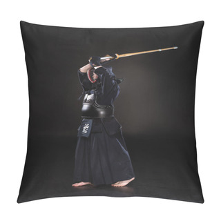 Personality  Full Length View Of Kendo Fighter Practicing With Bamboo Sword On Black Pillow Covers