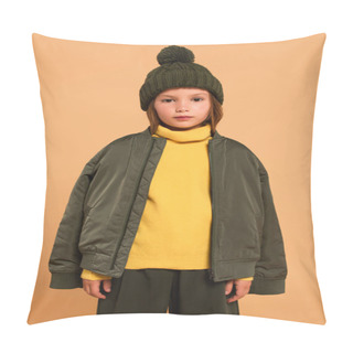 Personality  Girl In Yellow Turtleneck And Jacket On Shoulders Posing Isolated On Beige Pillow Covers