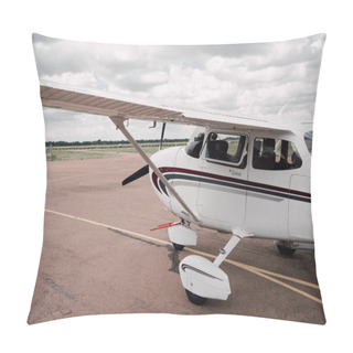 Personality  White Plane At Aerodrome Under Cloudy Overcast Sky Pillow Covers