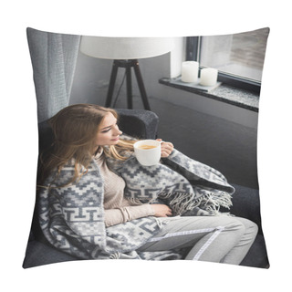 Personality  High Angle View Of Beautiful Young Woman Drinking Coffee In Cozy Armchair With Blanket Pillow Covers