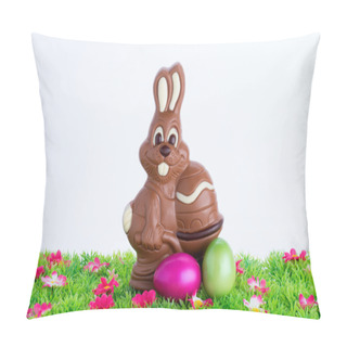 Personality  Easter Bunny Made Of Chocolate With Easter Egg On A Green Meadow With Flowers In Front Of A Blue Sky Pillow Covers